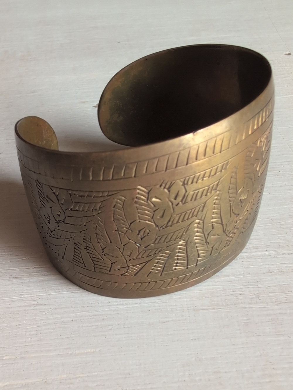 Vintage Engraved Open Cuff Bracelet in Brass
